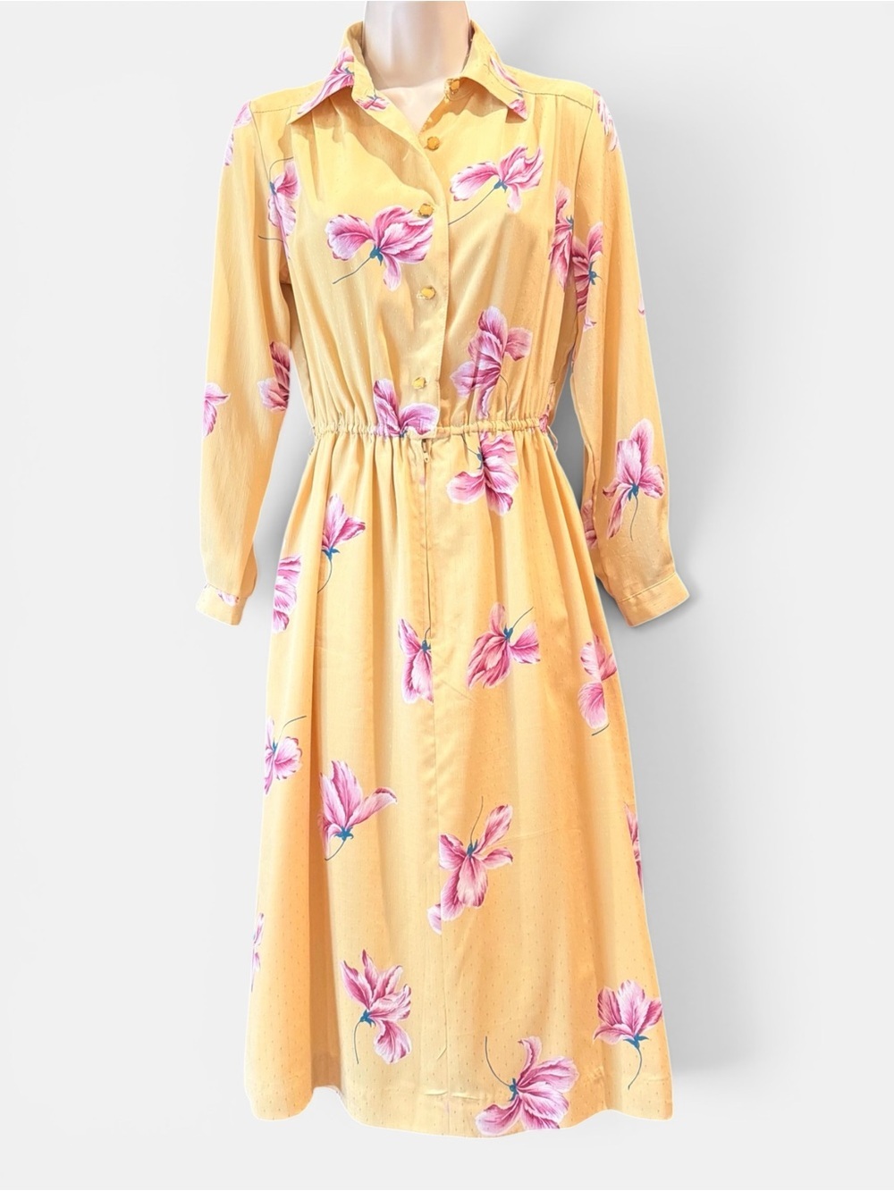 Vintage Japanese Weide Yellow Floral Shirt-Midi Dress with Elastic Waist Small